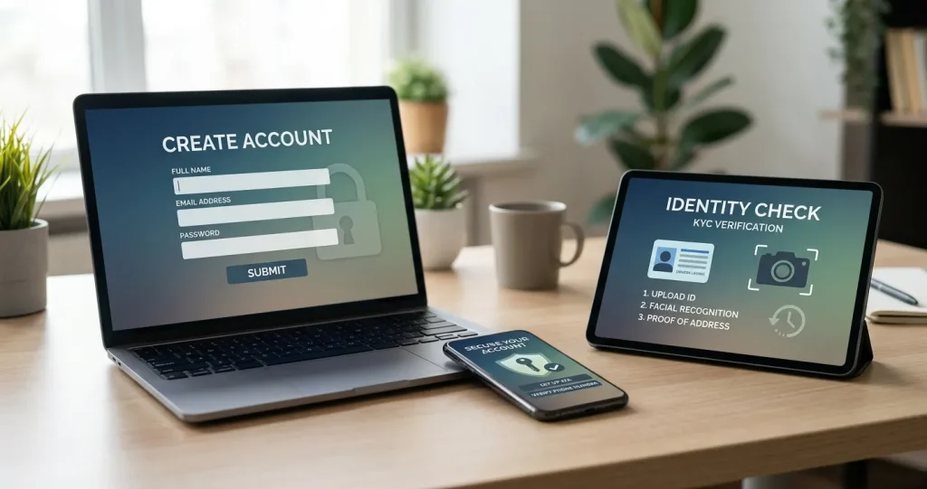 Conceptual online account registration and identity-check illustration