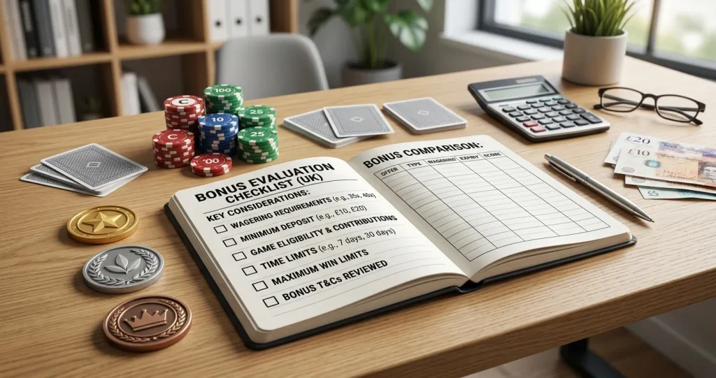 Editorial illustration of a casino bonus checklist for UK players