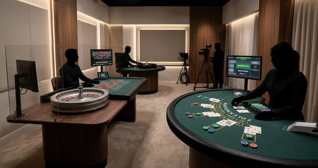 Illustration of a generic live casino studio with roulette and blackjack tables