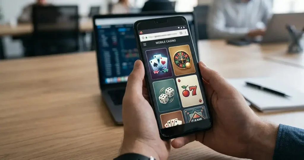 Illustration of a smartphone using a generic browser-based casino interface