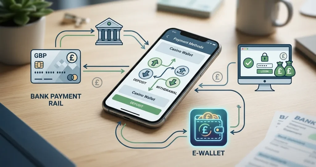 Editorial illustration showing generic card, e-wallet and bank payment routes in pounds sterling