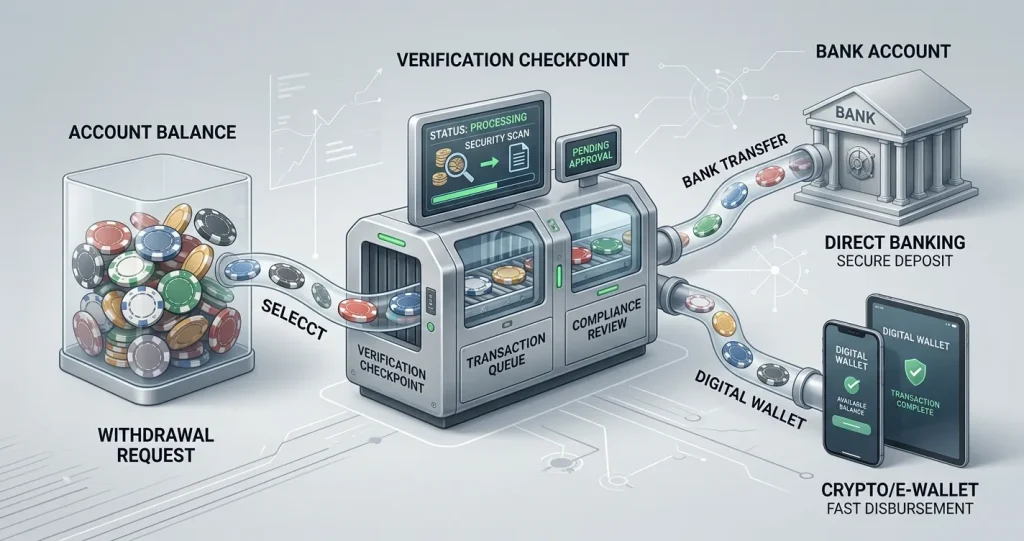 Editorial illustration of a casino withdrawal moving through account checks to a bank or e-wallet
