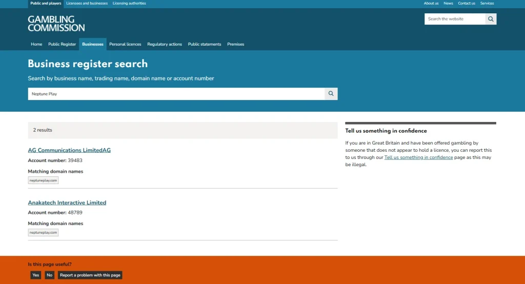 UK Gambling Commission register results for current and historical Neptune Play domain records