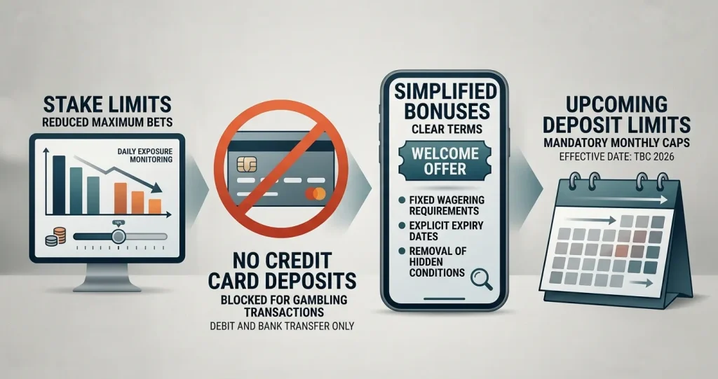 Editorial illustration of UK online casino rules with stake limits, card controls and bonus terms