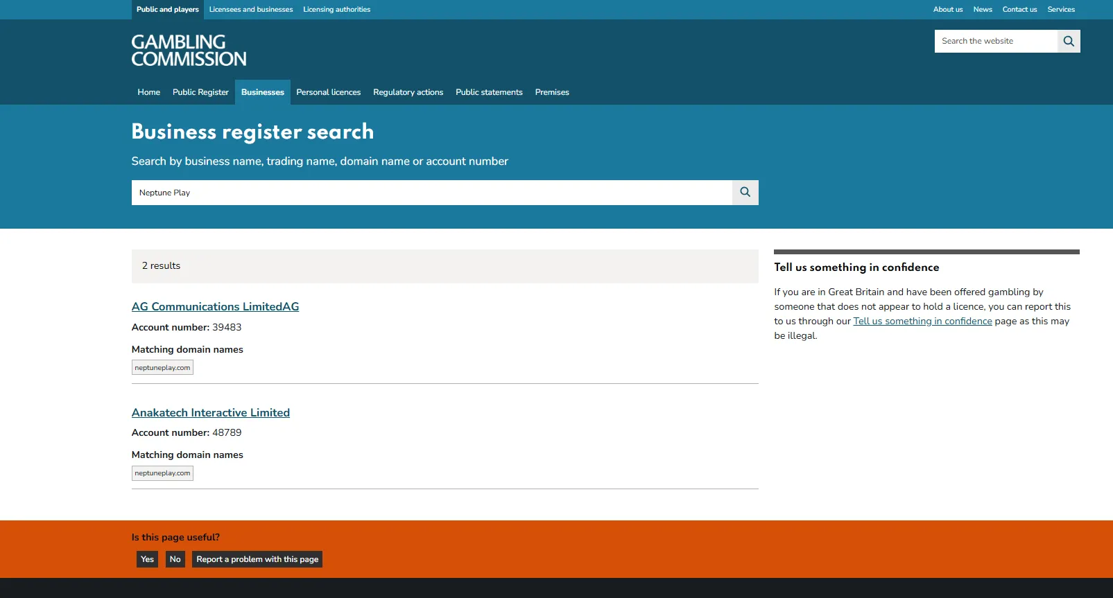 UK Gambling Commission register results showing current and historical Neptune Play domain records